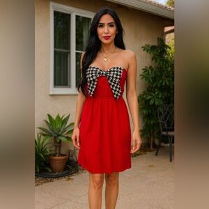 JUDITH March Red Dress Black White Herringbone Bow